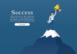 Successful concept. A businessman stands on the peak of a mountain holding a trophy, symbolizing success and achievement of business goals. Vector illustration eps10.