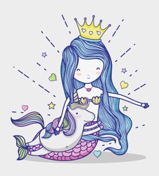 Little mermaid with unicorn art cartoon