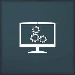 Monitor and gears icon. Flat design style.