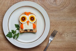 Cute owl made from whole wheat sliced bread,boiled eggs,cheese slice,carrots and black olives on plate with wooden table background.Art food idea for kids.Top view.Copy space

