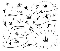 Swishes, swoops, emphasis doodles. Highlight text elements, calligraphy swirl, tail, flower, heart, graffiti crown.