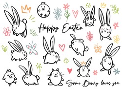 Cartoon doodle line happy Easter sign, egg, some bunny loves you, chicken, cat, dog, flowers, crown, leaves. Vector doodling illustration. Black outline bunny ears.