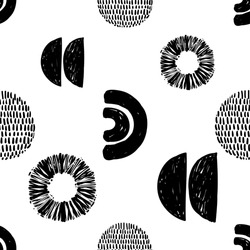 Monochrome minimalistic tribal seamless pattern with ethnic sun, crescent, arcs, ball. Inspired by signs of primitive aboriginal culture. Vector background with black art on white backdrop for nursery