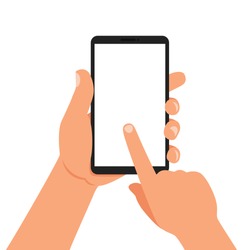 One hand holds a smartphone and the other touches the screen. Vector illustration.