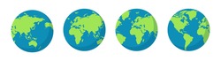 Earth globe icons. Earth hemispheres with continents. Vector world map set.