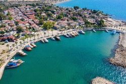 Aerial View Of Side Antique City . Side Old Town amphitheater. Side Harbor marina in Antalya Turkey drone photo view