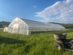 Greenhouses on organic vegetable farm in sunny grassy field off road vehicle in foreground big blue sky young plants visible in interior. eco-friendly natural living community mental health