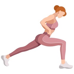 vector image of a girl in a sports uniform (leggings and a sports bra) is engaged in fitness, sports, training. girl squats, does lunges, trains her legs and buttocks. isolated on a white background.
