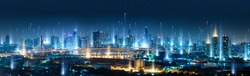 Banner smart city dot point connect with gradient line, connection technology metaverse concept. Bangkok city background at night with big data in Thailand, Panorama view. 