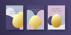 Set of Elegant Easter Greeting Cards. Happy Easter Card with Luxury Gold Foil Style Easter Egg and Typography. Easter Card or Invitation Design Template with Geometric Egg Background.