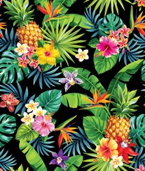 Seamless tropical pattern with pineapples, palm leaves and flowers. Vector illustration.
