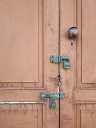Wooden entrance door with 3 types of door lock, safety and security concept