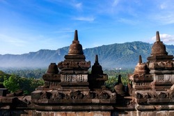 Scenery at Borobudur Temple, a 9th-century Mahayana Buddhist temple in Magelang Regency, not far from the town of Muntilan, in Central Java, Indonesia. World's largest Buddhist temple