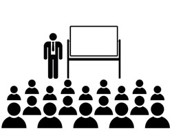 Businessman giving a presentation - stickman standing next to a blank white board