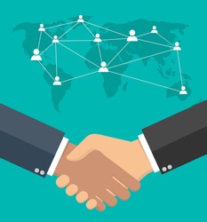 Worldwide cooperation concept - Business handshake with world map and connected user icons