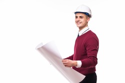 Full length of confident young bussinessman architect on white background