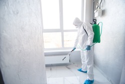 Coronavirus Pandemic. A disinfector in a protective suit and mask sprays disinfectants in house or office. Protection agsinst COVID-19 disease. Prevention of spreding pneumonia virus with surfaces.