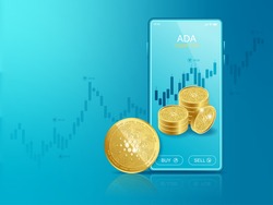 Trade Cardano (ADA) on mobile through the system Cryptocurrency. Perspective Illustration about Crypto Coins.