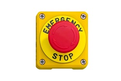 Emergency switch button, isolate on white background. Big Red emergency button or stop button for manual pressing. STOP button for industrial equipment, emergency stop. Emergency-stop in hospital.