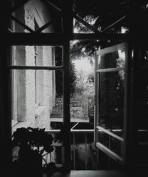 Black and white photography. The window is open. From the window you can see the park