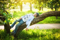 A little boy climbed a tree and rests. The boy lies on a thick branch of old tree like a cat in the park