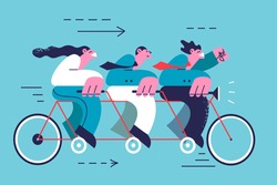 Teamwork, cooperation, success in business concept. Group of young business partners riding tandem bicycle reaching goals together vector illustration 
