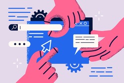 Landing page, programming, research concept. Hands of workers working on website or application, ui ux design and programming as team of designers vector illustration
