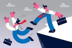 Angry businessman punch colleague off cliff eliminate rival in business industry. Mad jealous man boss or employee push aside dismiss coworker or partner. Rivalry concept. Flat vector illustration. 