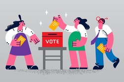 Voters put paper bulletin in ballot box make decision. People vote at election, select candidate for president or minister. Democracy and politics concept. Democratic society. Vector illustration. 
