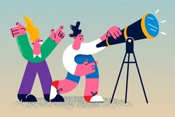 Smiling friends look in telescope see stars in starry night sky. Happy young people enjoy astronomy or astrology outdoors. Hobby, science concept. Vector illustration, cartoon character. 