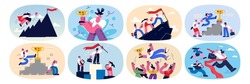 Set of motivated employees or workers celebrate winning trophy or award with teamwork and cooperation. Collection of businesspeople reach company business success or goal. Vector illustration. 