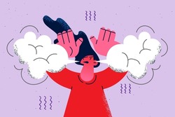 Young woman steaming with rage feel displeased furious with problem or situation. Unhappy female stressed mad angry having troubles. Nervous breakdown or burnout. Vector illustration. 