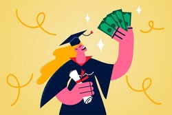 Happy graduate student in mantle and certificate get scholarship. Smiling girl in robe at college graduation hold money receive financial award or grant. Education and knowledge. Vector illustration. 