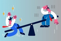 Businessmen ride balance on children swing show balance in business. Male employees or colleagues compete for leadership. Rivalry and competition in office. Flat vector illustration. 