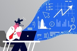 Successful young businessman in glasses sit in office work on computer with graphs and charts. Confident male employee or analyst sell on stock exchange market. Flat vector illustration. 