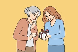Loving adult daughter give present to elderly mother on anniversary. Caring young woman congratulate mature grandmother with birthday. Vector illustration. 