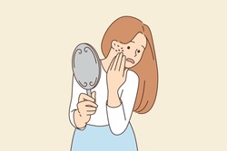 Stressed woman look in mirror worried about acne on cheeks. Unhappy female anxious about pimples on face. Facial skincare routine. Vector illustration. 