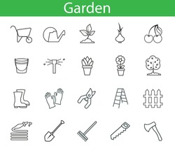 set with garden icons vector simple thin line drawing abstract logo icon isolated black on white background