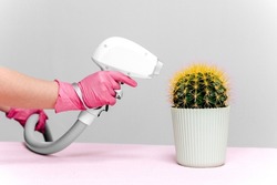 A cactus in a light green pot with yellow needles stands on a pink table, a laser hair removal device is aimed at it, the nozzle body on a gray background. Hair removal, joke, laser epilation, fun 