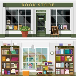 Set of vector detailed flat design bookstore facade. Cool graphic interior design for shop with books, shelves, places for reading. Flat style vector illustration.