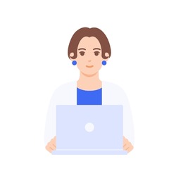 A career woman who operates a personal computer. Vector illustration material of a smiling woman.