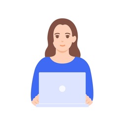 A creator operating a computer. Smiling woman. Vector illustration.