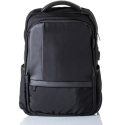Men's black backpack made of textile. Isolated on a white background