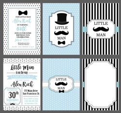A set of blue, white and black templates for invitations. Collection of invite cards can be use for party(baby shower, father's day, wedding, birthday) Little man vintage style. Frames for boy's photo