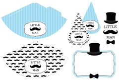 Little man's printable hats. Black and white mustache pattern. Print and cut. Blue vector cones template to head for a party (birthday, baby shower, it is a boy). Vintage modern style. 