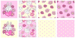 Set of design prints with hand drawn cute rabbits and flowers for children's fashion, fabric, backgrounds, banner, print on t-shirts. Vector illustration. Seamless pattern with camomiles, polcadot.