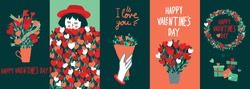 A set of postcards. Valentine's Day.
Funny pictures. A romantic gift. Declaration of love. Flowers, hearts. Happy holiday. The girl in the hat. Secret letters. Wreath. 14. Vector illustration.