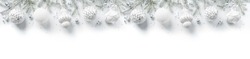 Merry Christmas wreath made of fir branches, white and silver decorations, sparkles and confetti on white background. Xmas and New Year holiday, bokeh, light. Flat lay, top view, wide banner
