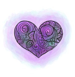 Zen doodle heart with watercolor imitation violet ant pink vector illustration.