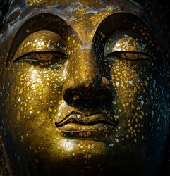 Taken up close, the large brass face of the Buddha. There is gilding all over the face. morning natural light.
